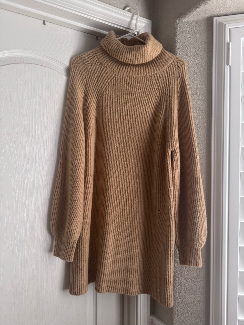 12th Tribe Camel Ribbed Turtleneck Sweater Dress